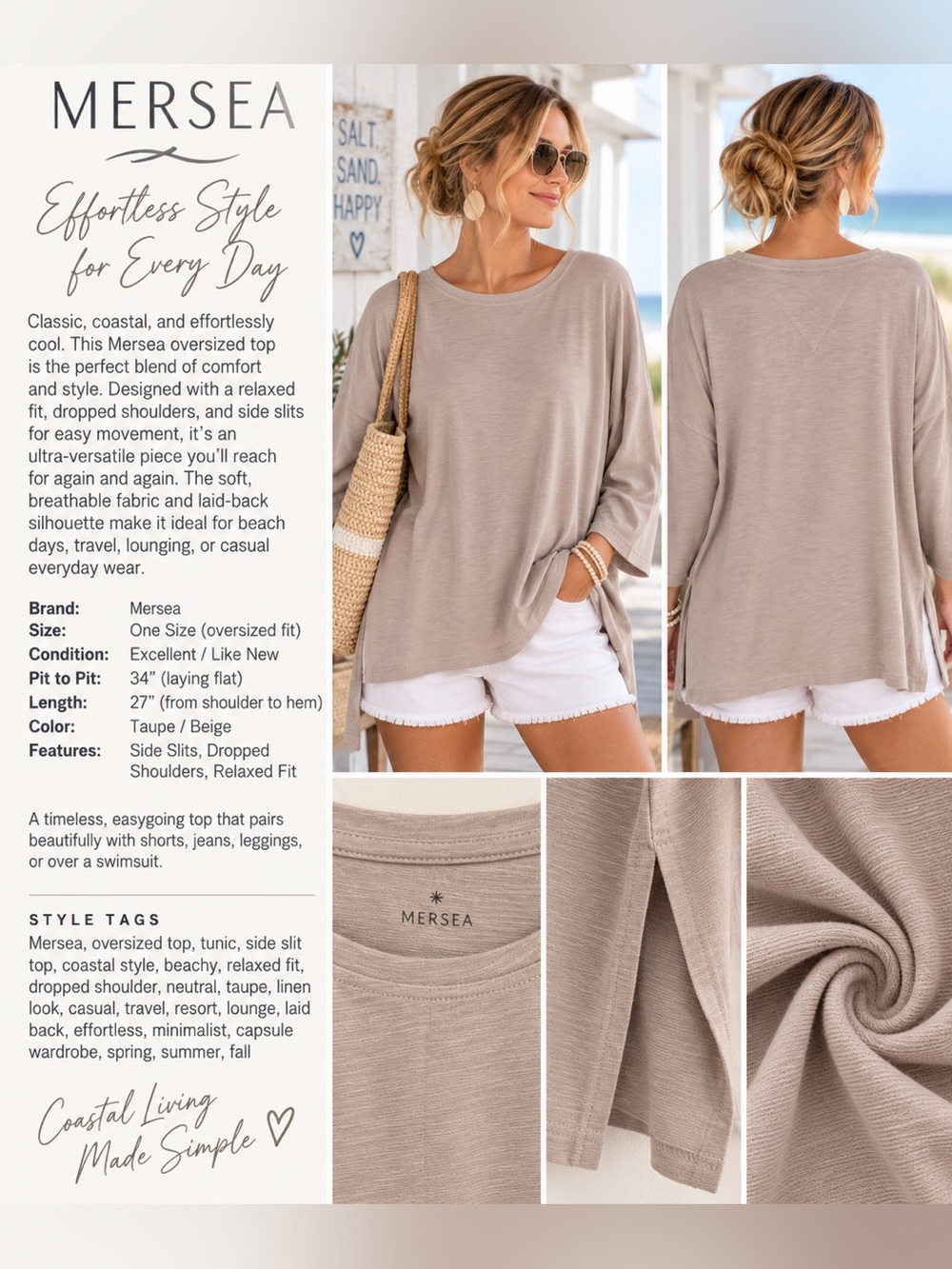Mersea One Size Oversized Taupe Coastal Slub Knit Top Side Slits - Picture 3 of 13